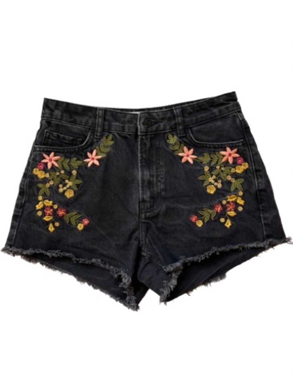 Mango Black Denim Shorts with Floral Embroidery Size 4